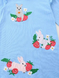 Robe fille en coton bleu clair avec broderies de lapins mignons et détails de fraises