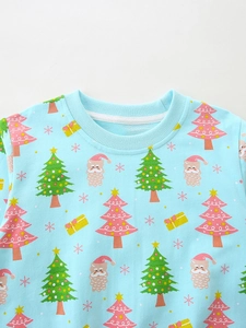 Kids light blue sweatshirt with Christmas trees and Santa print in soft cotton knit