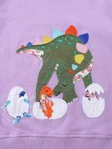 Purple girls cotton sweatshirt with colorful dinosaur applique and embroidery detail