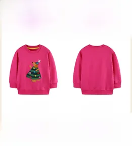 Front and back detail of pink long sleeve girl sweater with Christmas tree print