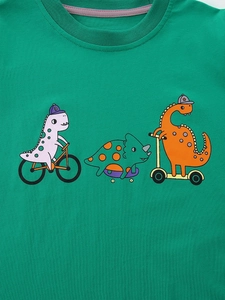 Green cotton long sleeve t-shirt for boys featuring colorful cartoon dinosaur prints