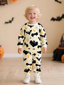 Halloween Kids Cotton Clothing Set Bat Moon Print Long Sleeve Sweatshirt And Pants Casual Outfits For Boys Girls