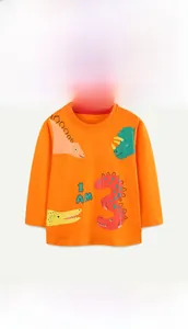Detailed view of kids orange long sleeve t-shirt with cartoon dinosaur prints and text