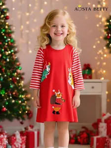 Vestito a Maniche Lunghe in Cotone Natalizio per Ragazze Manica a Righe Rosse Ricamo Animale dei Cartoni Animati Casual