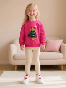 Girls Autumn Magenta Cotton Sweatshirt Christmas Tree Dog Cartoon Printed Long Sleeve Crewneck Pullover Top Children Clothing