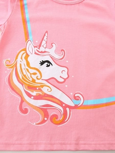 T-shirt rose pour filles avec imprimé licorne mignon et texture en maille de qualité