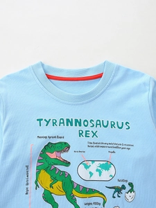 Kids light blue long sleeve t-shirt with dinosaur print and red contrast collar trim