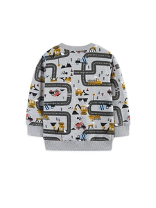 Boys Cotton Sweatshirt Long Sleeve Engineering Vehicle Cartoon Print Grey Pullover Soft Autumn Casual Kids Top