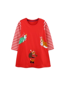 Vestito natalizio per bambina a maniche lunghe con ricami animali e maniche a righe