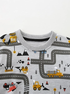Grey boys' sweatshirt featuring all-over cartoon construction vehicle prints and ribbed crew neck