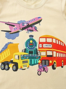 Beige long-sleeve T-shirt for boys with colorful cartoon transport and bus prints