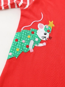 Vestito natalizio per bambine con ricamo a topo e maniche a righe rosse e bianche