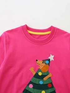 Girls hot pink Christmas dog sweatshirt with long sleeves and round neck knit cotton