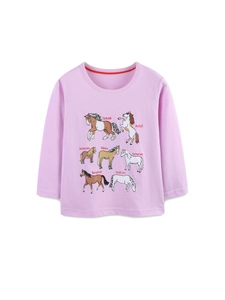 T-shirt manches longues lilas pour filles avec imprimés éducatifs de races de chevaux