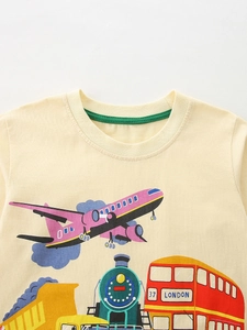 Boys beige long sleeve t-shirt with colorful cartoon vehicles and London bus print