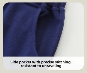 Detailed close-up of dark blue knit joggers featuring a side pocket and ribbed stitching