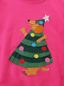 Girls rose red knit sweatshirt featuring a 3D festive Christmas dachshund embroidery