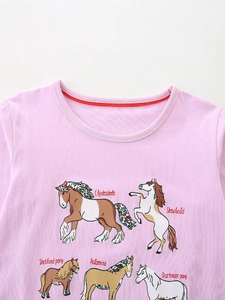 T-shirt rose en coton à manches longues pour filles avec motifs chevaux et col rouge vif
