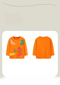 Detailed front and back views of an orange long-sleeve kids shirt with dinosaur prints