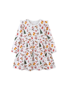 Girls Christmas Long Sleeve Dress Cotton Cartoon Reindeer Print Ruffle Shoulder Princess Holiday Party Dress For Children