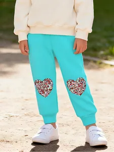 Toddler Girls Casual Cotton Jogger Pants Turquoise Blue Athletic Sweatpants With Floral Heart Applique Drawstring Ribbed Cuffs