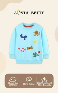 Detail of blue cotton girl sweatshirt featuring marine life embroidery and round neck