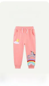 Detailed view of pink cotton joggers for girls with unicorn and rainbow embroidery
