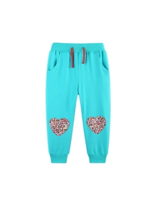 Girls bright blue cotton jogger pants with red drawstring and heart floral patches