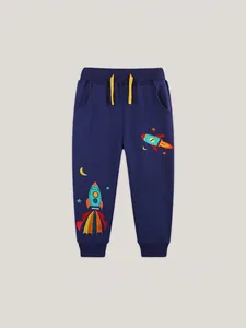 Boys Soft Cotton Joggers With Rocket Embroidery Navy Blue Elastic Waist Sweatpants For Toddler Casual Kids Sports Trousers