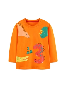 Orange long sleeve cotton T-shirt with 3rd birthday dinosaur print for boys