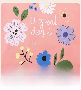 Close-up of pink cotton fabric with daisy floral prints and a great day text print