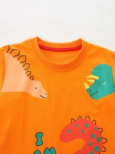Kids orange cotton long-sleeve T-shirt with cartoon dinosaur print and round neckline