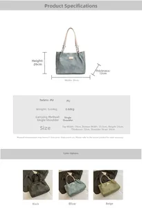 Detailed view of tote bag size specs with textured PU leather and chain strap options