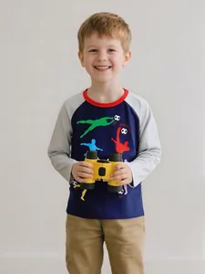 T-Shirt de Sport en Coton pour Garçons Manches Longues Raglan Contrastées Imprimé Football Col Rond Haut de Mode Enfant