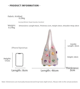 Detailed view of woven straw tote bag with colorful 3D flowers and size dimensions