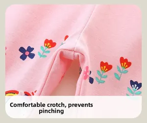 Detail view of pink unicorn print leggings showing a comfortable knit crotch design