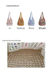 Detail of hand-crocheted hollow tote bags with colorful floral accents in four colors