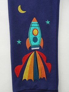 Autumn boys navy blue cotton joggers with colorful rocket and moon embroidery detail