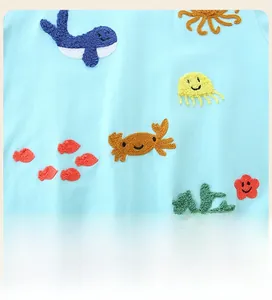 Detail of light blue cotton sweatshirt showing 3D marine animal embroidery and textures