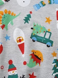 Felpa da bambino grigia con stampe natalizie di dinosauri, Babbo Natale e pupazzi di neve