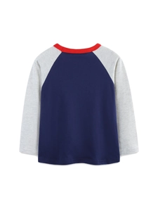T-shirt manches longues raglan bleu marine et gris en coton pour garçon, vue de dos