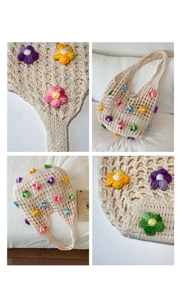 Close-up of handmade crochet tote bag featuring multi-color floral knit details