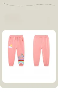Close-up of pink girls' sweatpants featuring unicorn and rainbow embroidery details