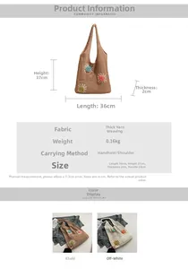 Guide des tailles du sac en tricot creux avec détails du poids, dimensions et tissage