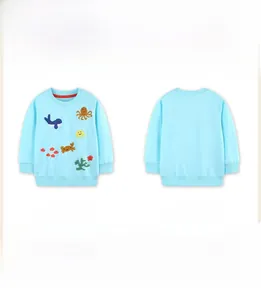 Front and back views of light blue girls' sweatshirt with colorful sea animal embroidery
