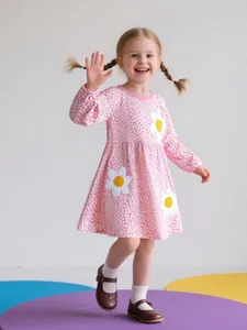 Abito da Ragazza in Cotone al 100% a Maniche Lunghe Con Applicazione di Margherite 3D Stampa Floreale Stile Europeo per Bambini