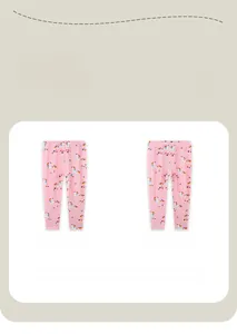 Detailed front and back views of pink leggings featuring unicorn and rainbow prints