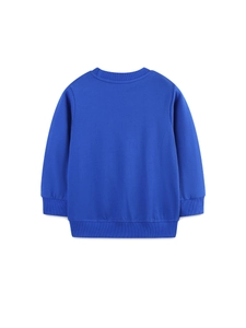 Royal blue long sleeve sweatshirt for kids with ribbed cuffs and hem shown from the back