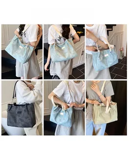 Collage of model wearing a textured corduroy tote bag showing multiple carrying styles