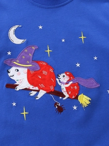 Kids Halloween blue sweatshirt featuring cute hedgehogs as wizards embroidery details